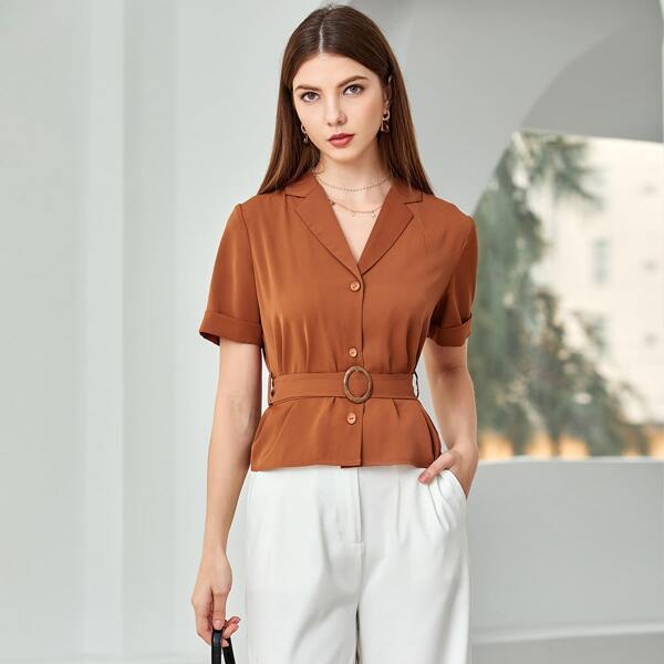 

Solid Belted Button Front Blouse, Brown