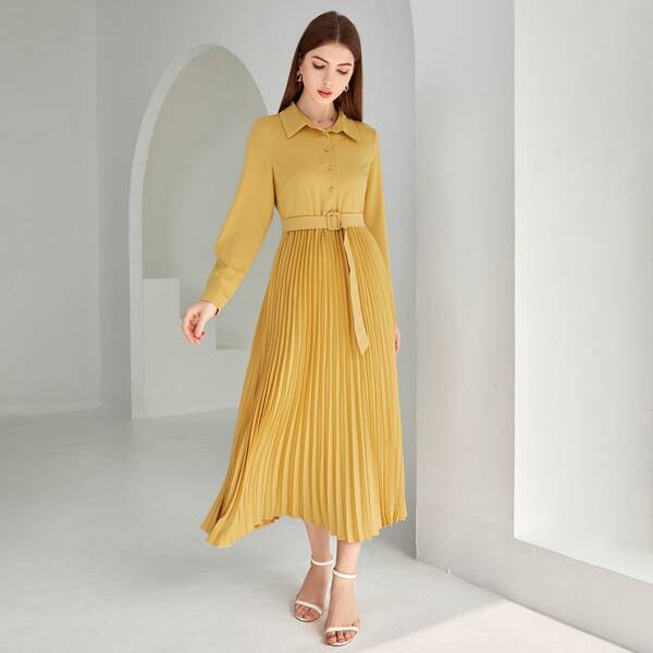 

Solid Pleated Hem Belted Shirt Dress, Yellow