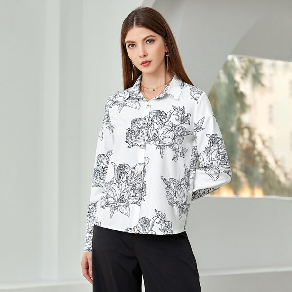 

Floral Print Button Front Blouse, White