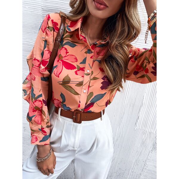 

Floral Print Ruffle Trim Blouse, Multicolor
