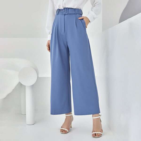 

Wide Leg Belted Pants, Blue