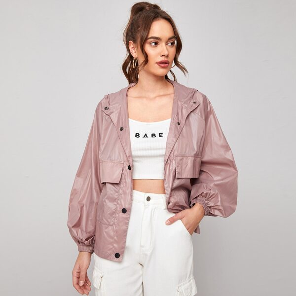 

Lantern Sleeve Flap Pocket Button Placket Hooded Jacket, Dusty pink