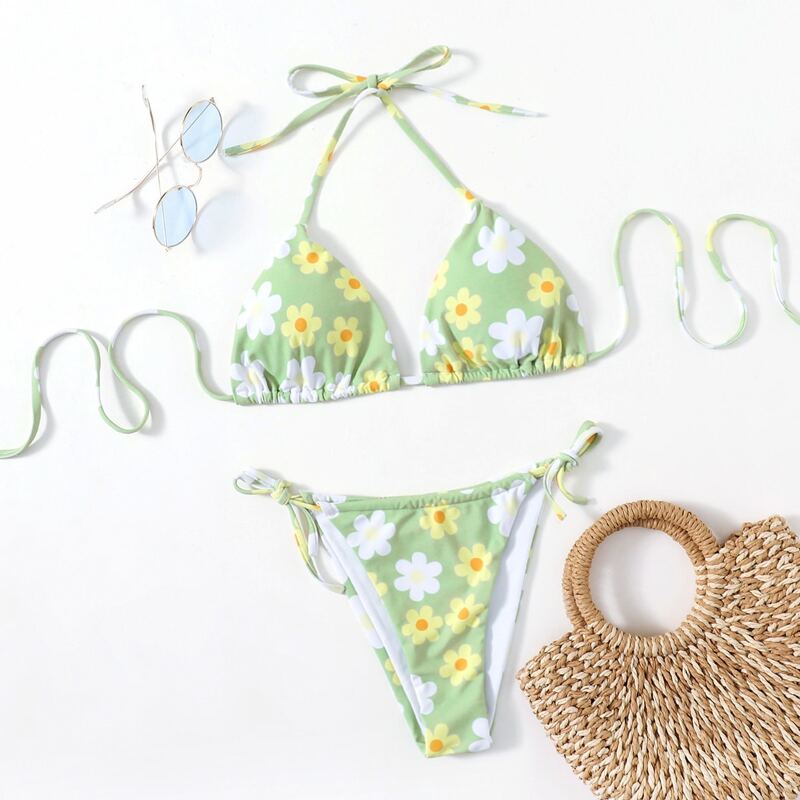 

Floral Tie Side Bikini Swimsuit, Green