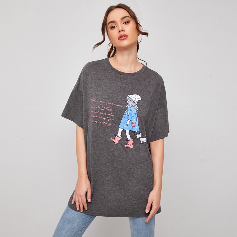 

Drop Shoulder Figure & Slogan Graphic Tee, Dark grey
