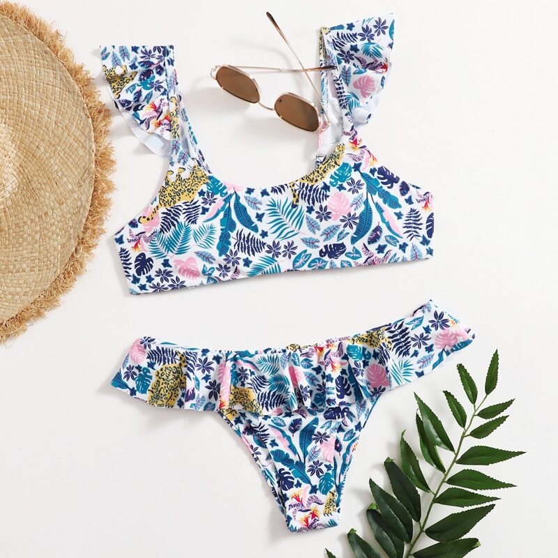 

Leopard & Leaf Print Ruffle Bikini Swimsuit, Multicolor