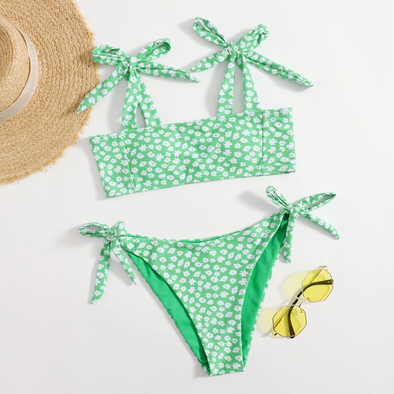 

Ditsy Floral Tie Shoulder Bikini Swimsuit, Green