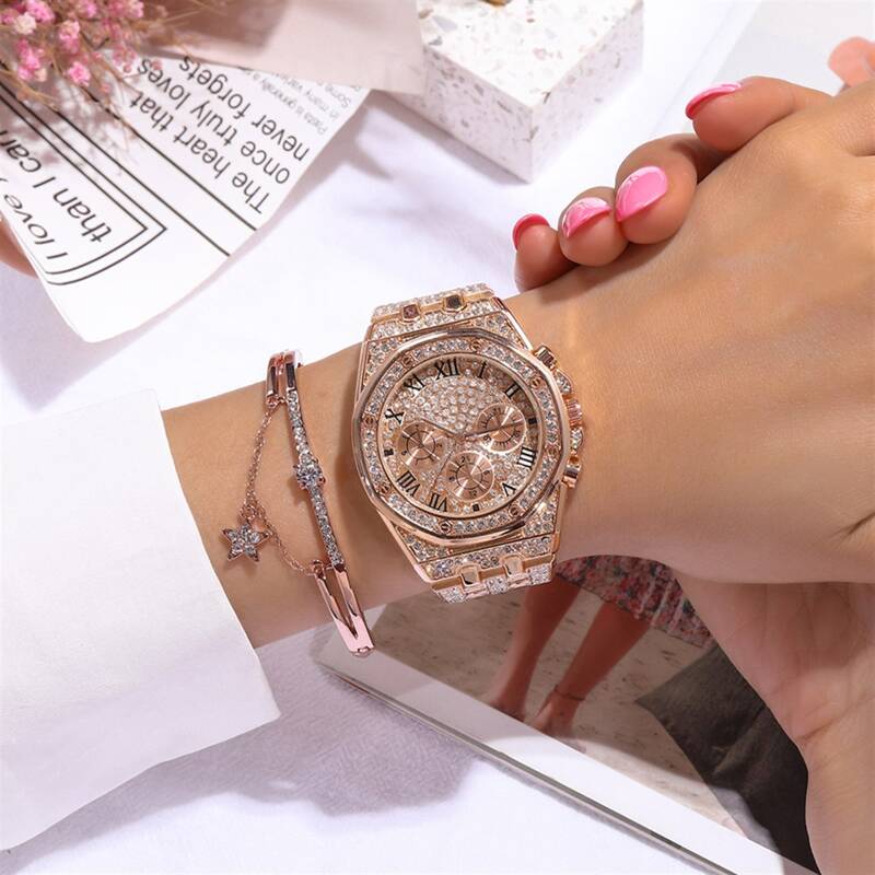 

1pc Rhinestone Decor Round Pointer Quartz Watch & 1pc Bracelet