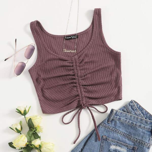 

Drawstring Knot Crop Tank Top, Mauve purple
