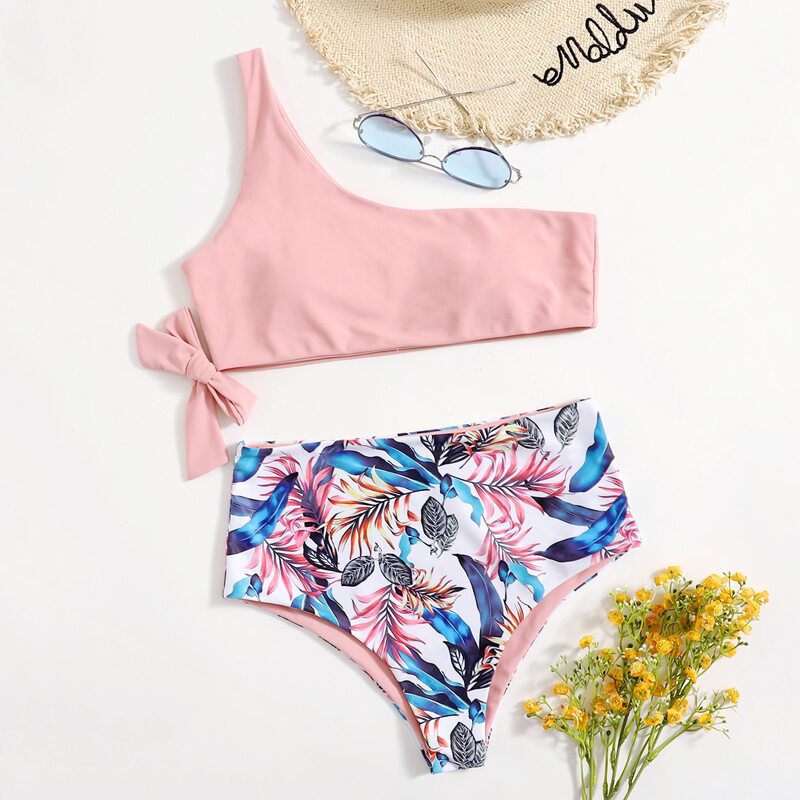 

Leaf Print Bow Decor Bikini Swimsuit, Multicolor