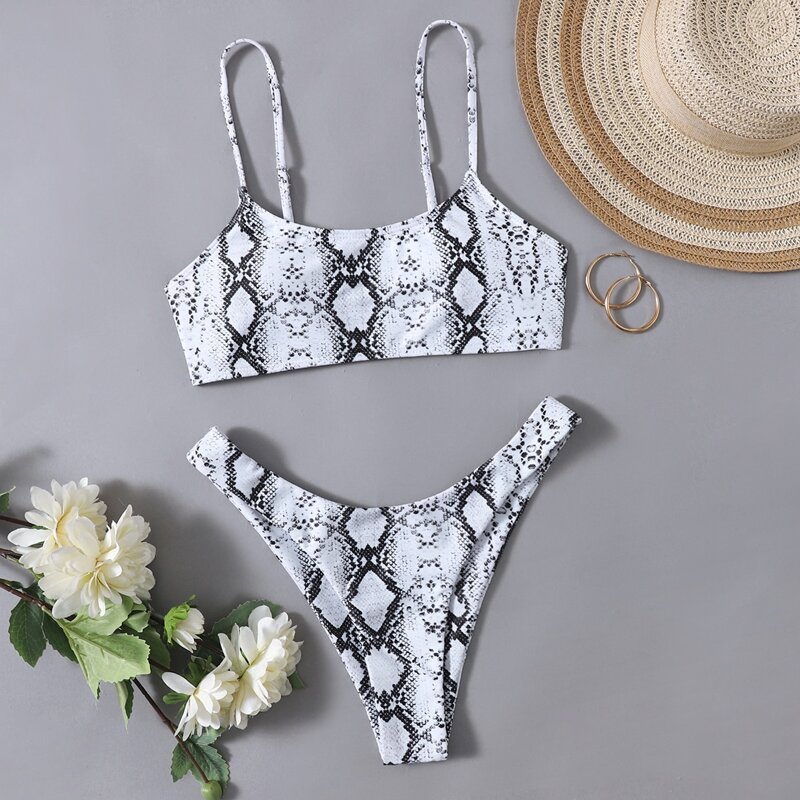

Snakeskin High Leg Bikini Swimsuit, Black and white