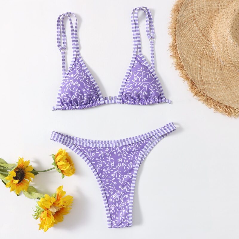 

Ditsy Floral Contrast Binding Bikini Swimsuit, Purple