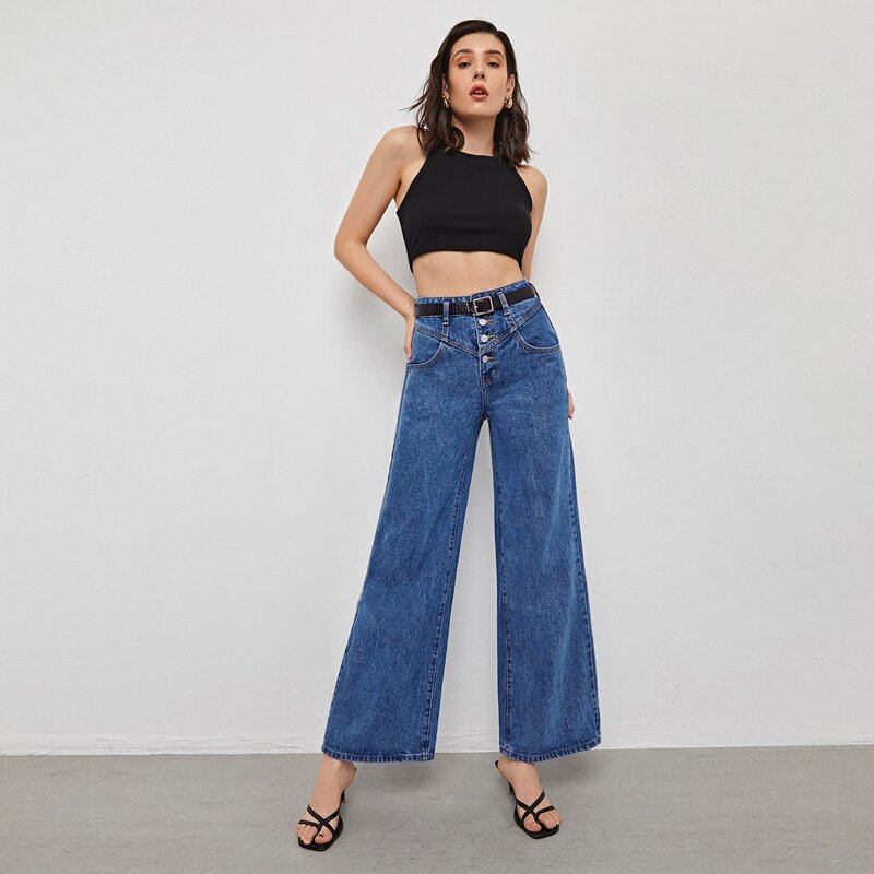 

High Waist Button Fly Wide Leg Jeans Without Belt, Medium wash