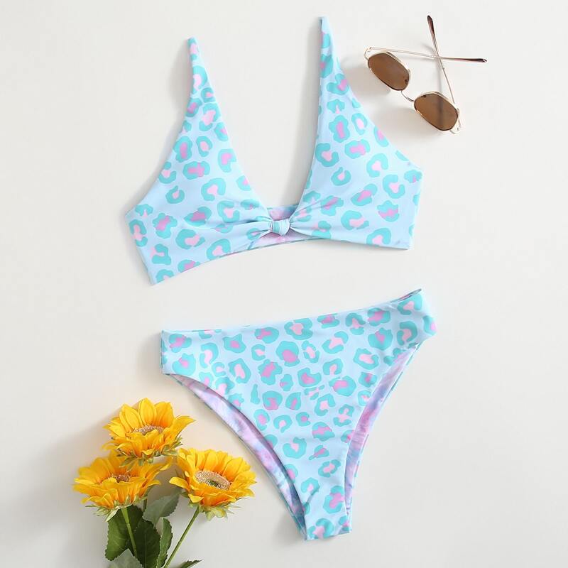 

Leopard Knot Decor Bikini Swimsuit, Blue