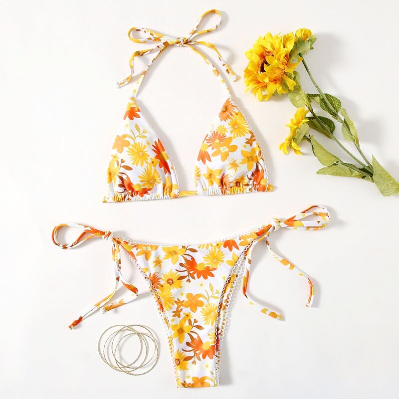 

Floral Tie Side Thong Bikini Swimsuit, Yellow