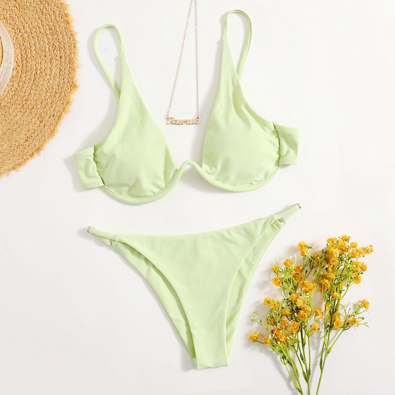 Solid Underwire Bikini Swimsuit, Green