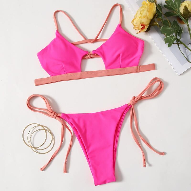 

Cut-out Tie Side Bikini Swimsuit, Hot pink