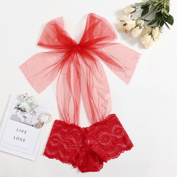 

Contrast Lace Sheer Mesh Halter Romper Bodysuit, Red