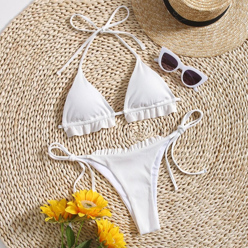 

Frill Trim Tie Side Bikini Swimsuit, White
