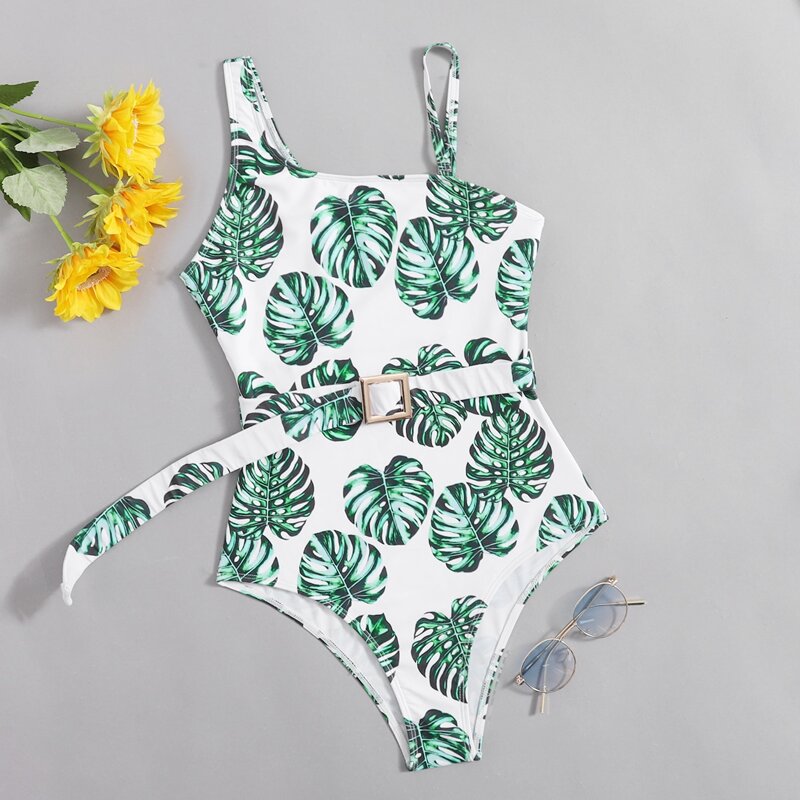 

Tropical Leaf Belted One Piece Swimsuit, Multicolor