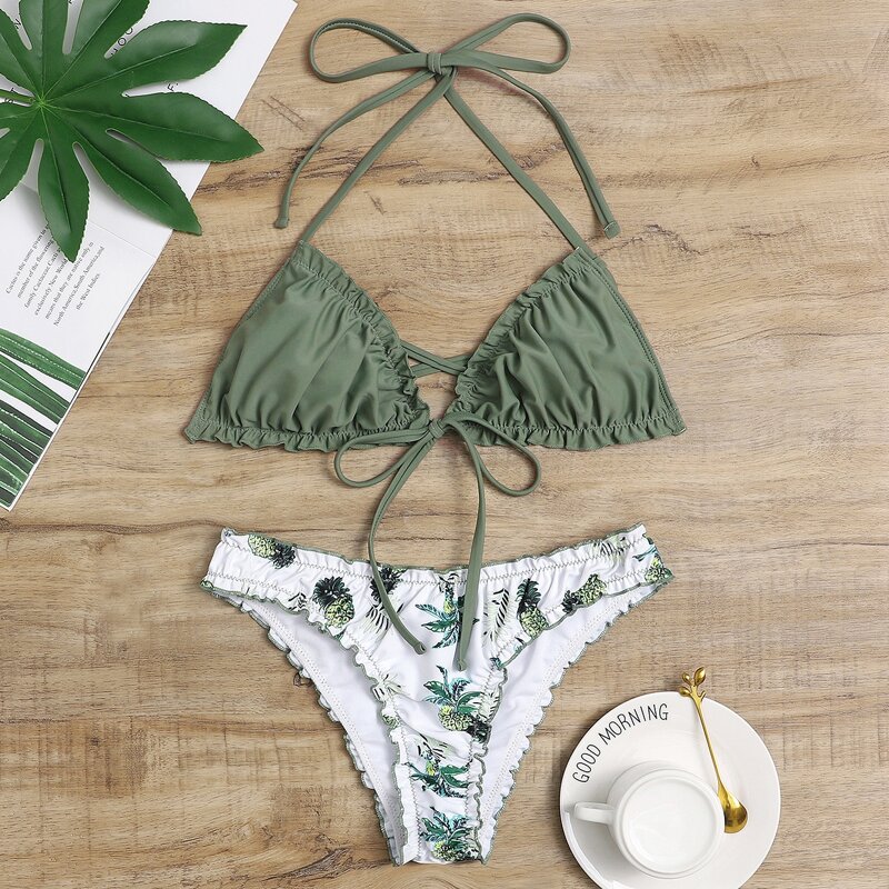 

Pineapple Print Frill Trim Bikini Swimsuit, Multicolor