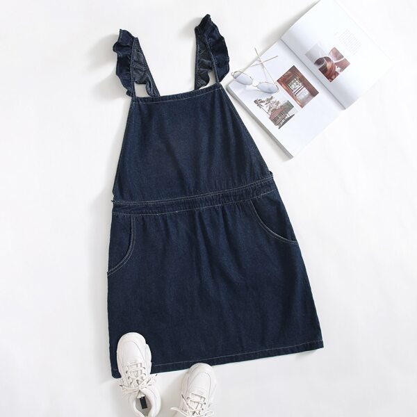 

Plus Ruffle Trim Pocket Detail Overall Dress, Dark wash