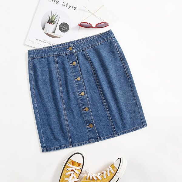 

Plus Button Through Denim Skirt, Medium wash