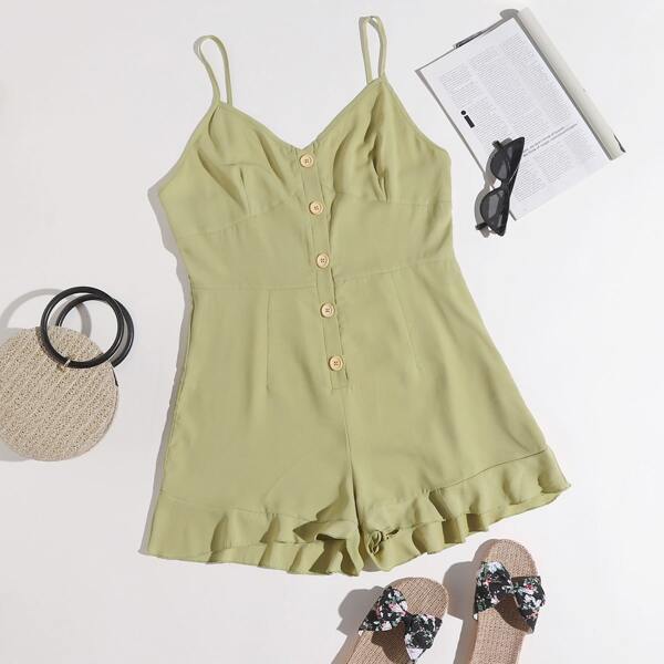 

Plus Button Front Ruffle Hem Cami Romper, Green