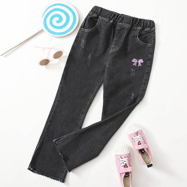 

Girls Bow Embroidery Straight Leg Jeans, Black