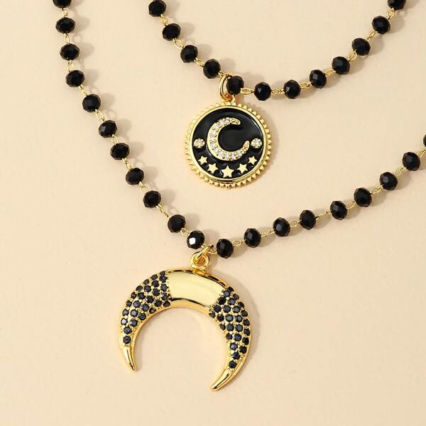 2pcs Moon Charm Layered Necklace, Black