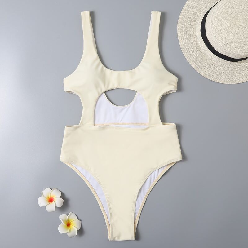 

Scoop Neck Cut-out One Piece Swimsuit, Beige