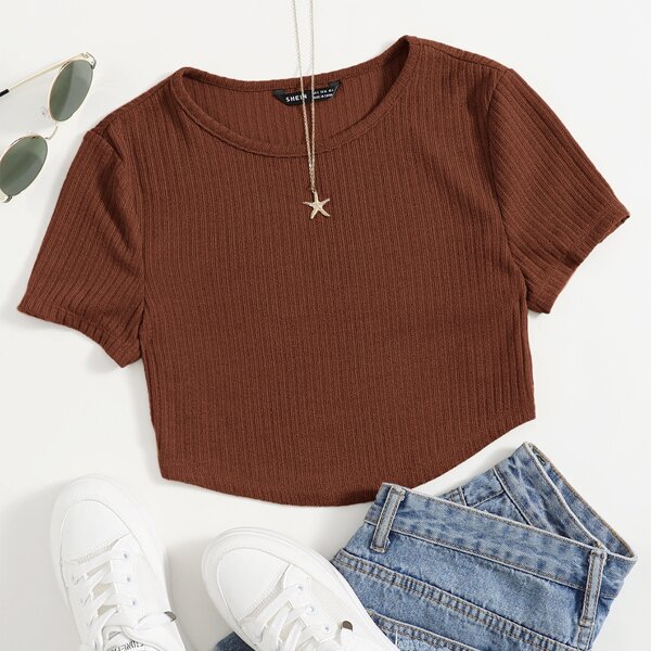 

Solid Rib-knit Tee, Coffee brown