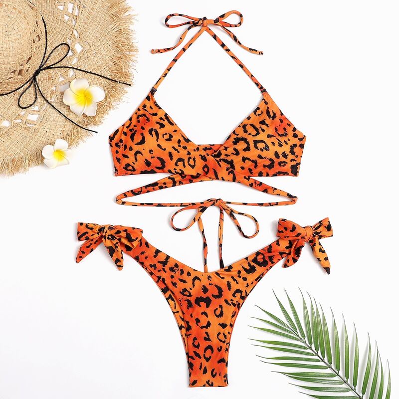 

Leopard Wrap High Leg Bikini Swimsuit, Multicolor