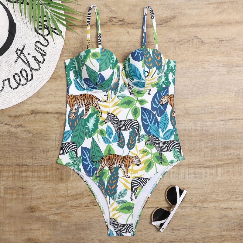 

Animal & Leaf Print Underwire One Piece Swimsuit, Multicolor