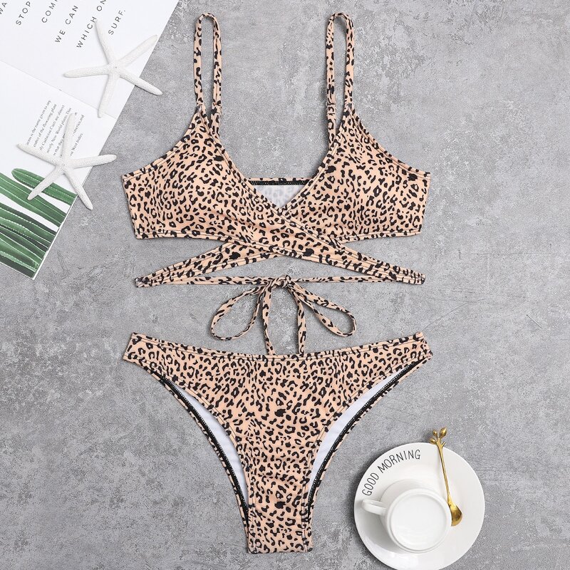 

Leopard Wrap Tie Back Bikini Swimsuit, Multicolor