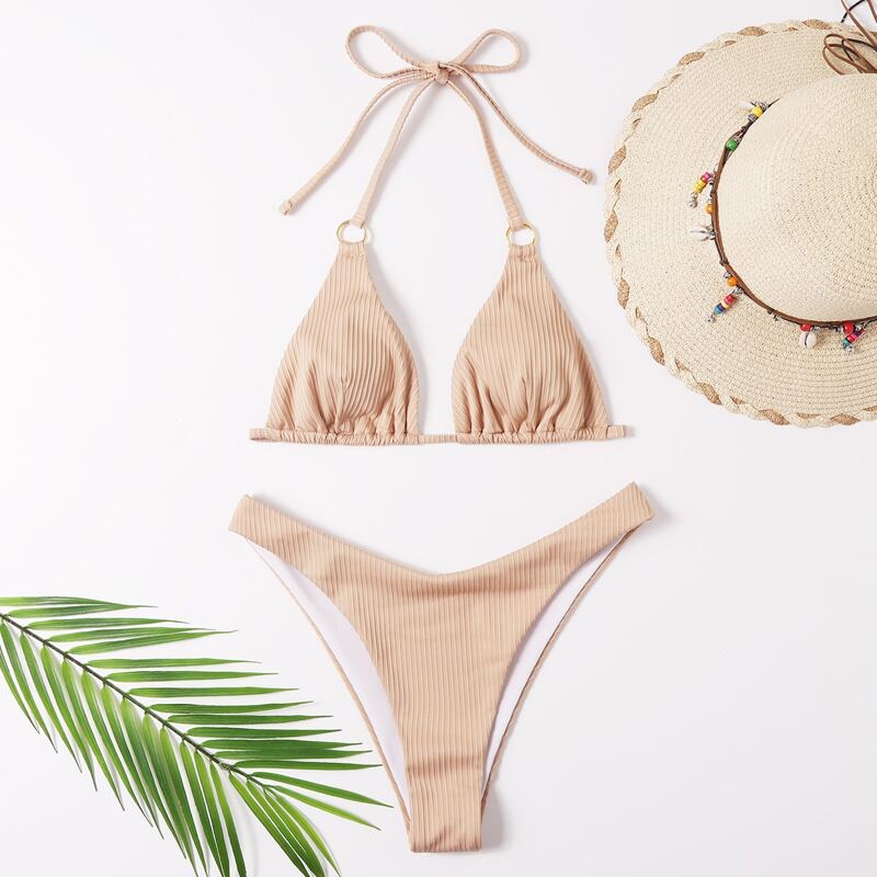 

Ring Decor High Leg Bikini Swimsuit, Apricot