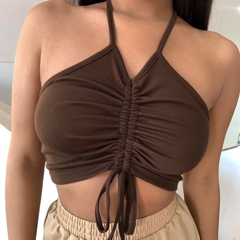 

Drawstring Knot Rib-knit Halter Top, Chocolate brown