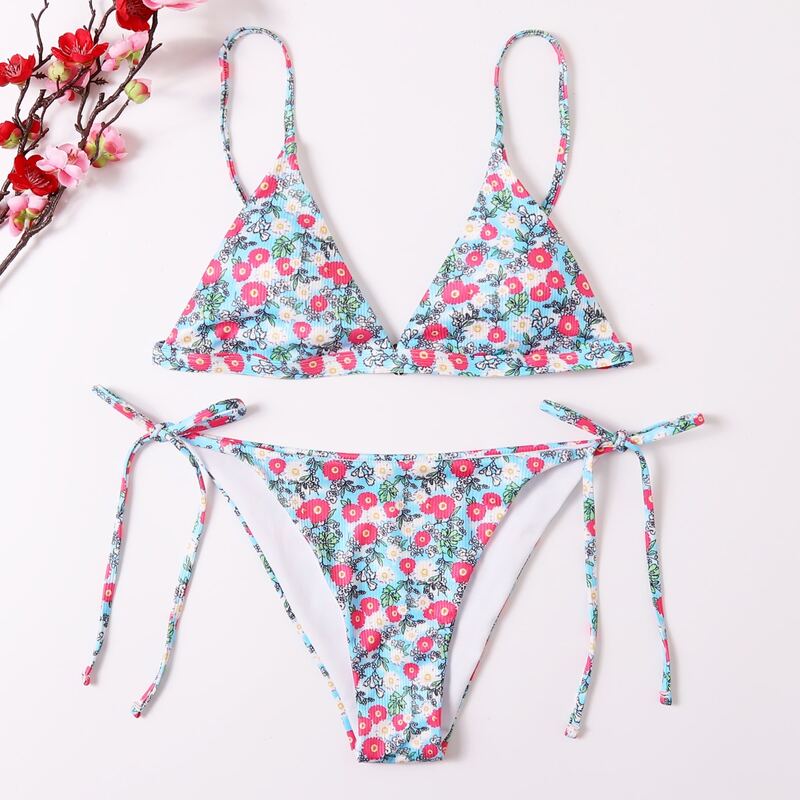 

Floral Triangle Tie Side Bikini Swimsuit, Multicolor
