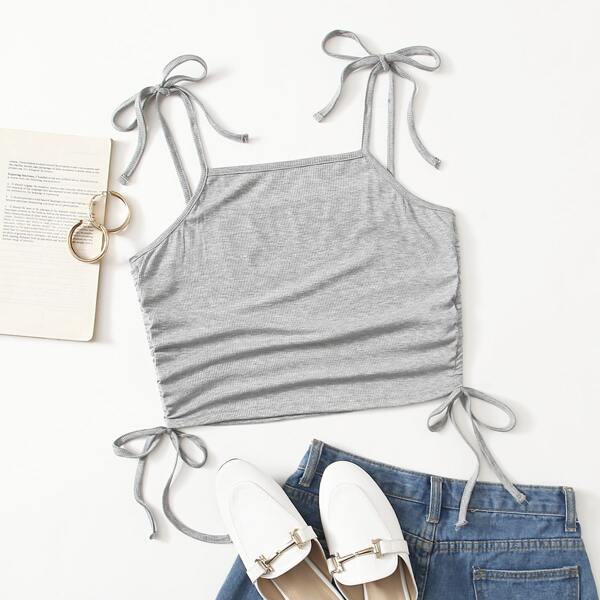

Plus Rib Knit Drawstring Side Cami Top, Grey