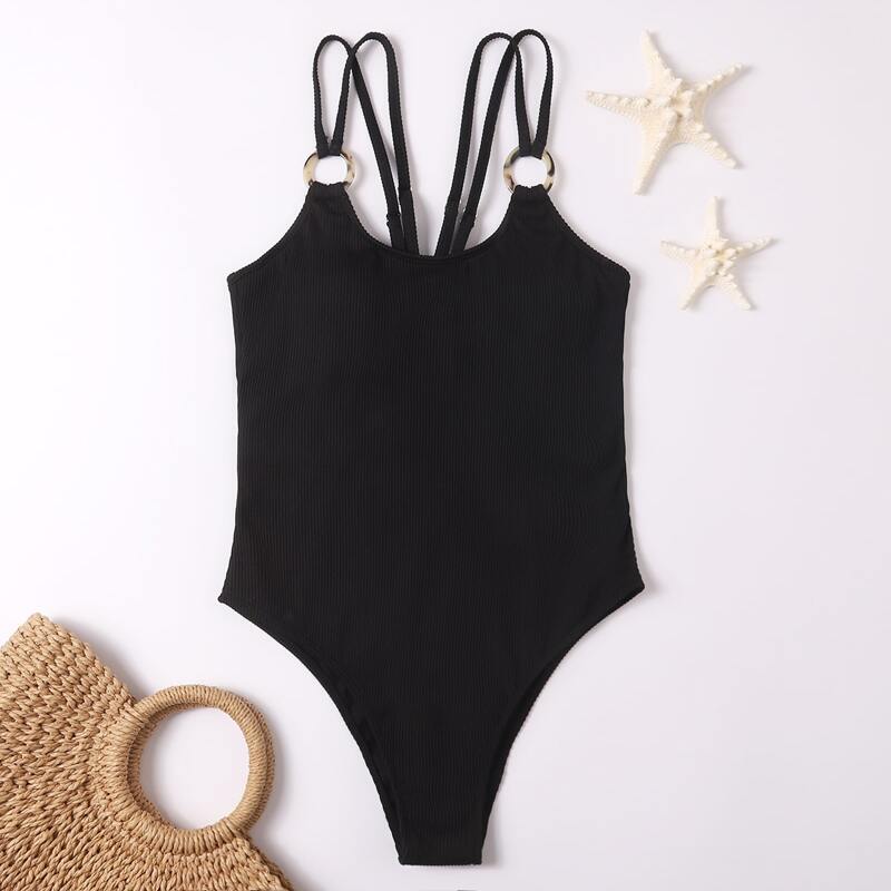 

Ring Decor Cami One Piece Swimsuit, Black