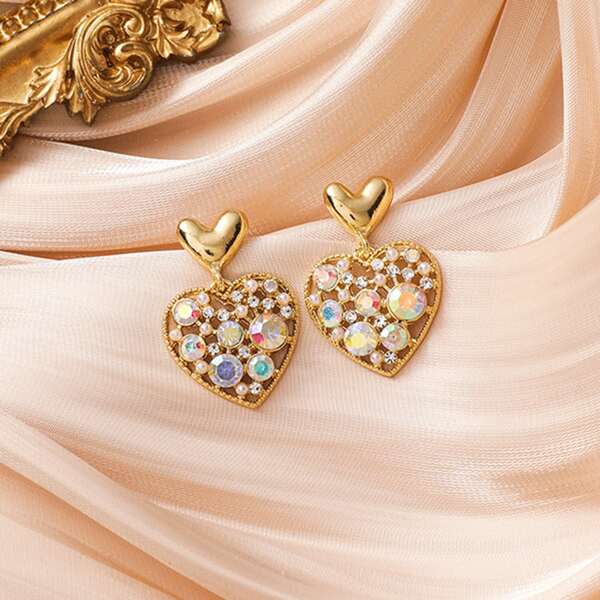 

Rhinestone Heart Drop Earrings, Gold