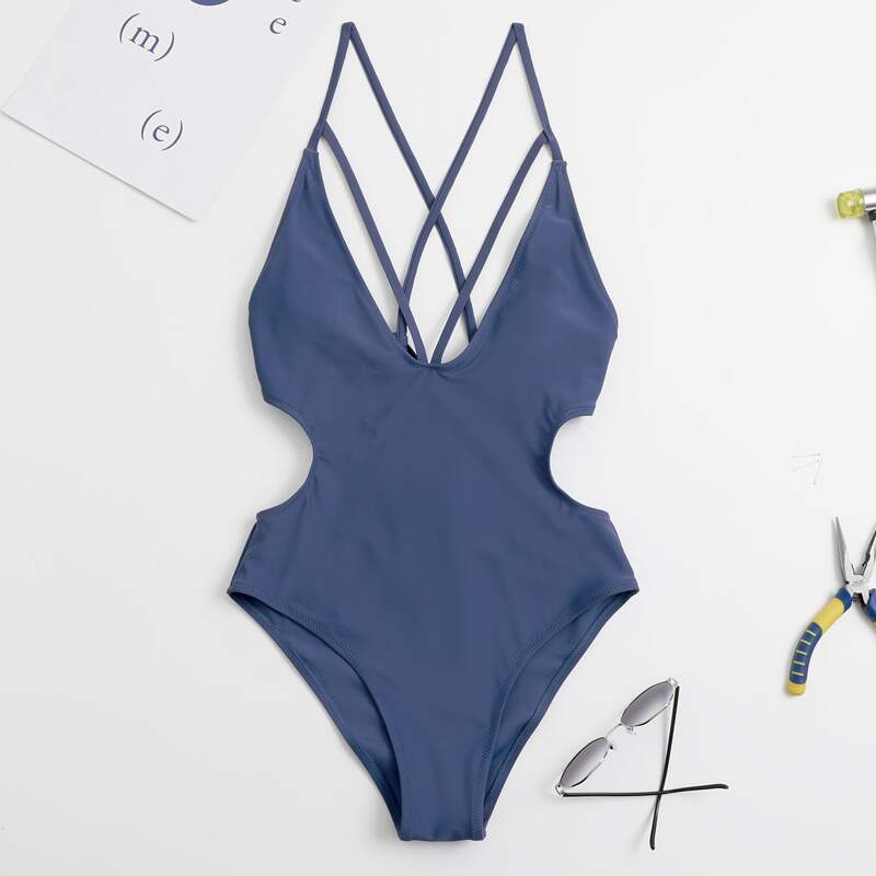 

Cut-out Crisscross One Piece Swimsuit, Dusty blue