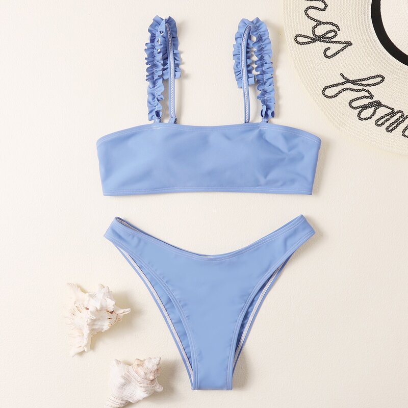

Frill Trim High Leg Bikini Swimsuit, Blue