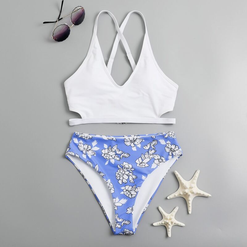 

Floral Crisscross Bikini Swimsuit, Blue and white