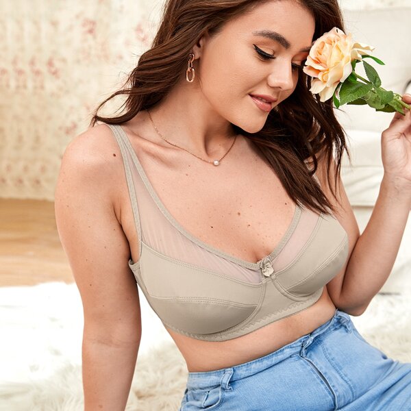 

Plus Mesh Trim Underwire Bra, Grey