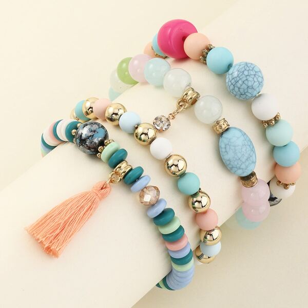 

4pcs Tassel Charm Colorful Beaded Bracelet, Multicolor