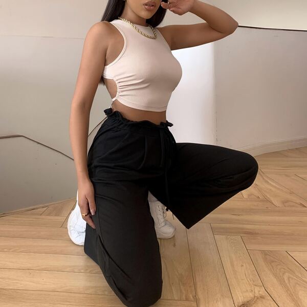 

Paperbag Waist Drawstring Pants, Black