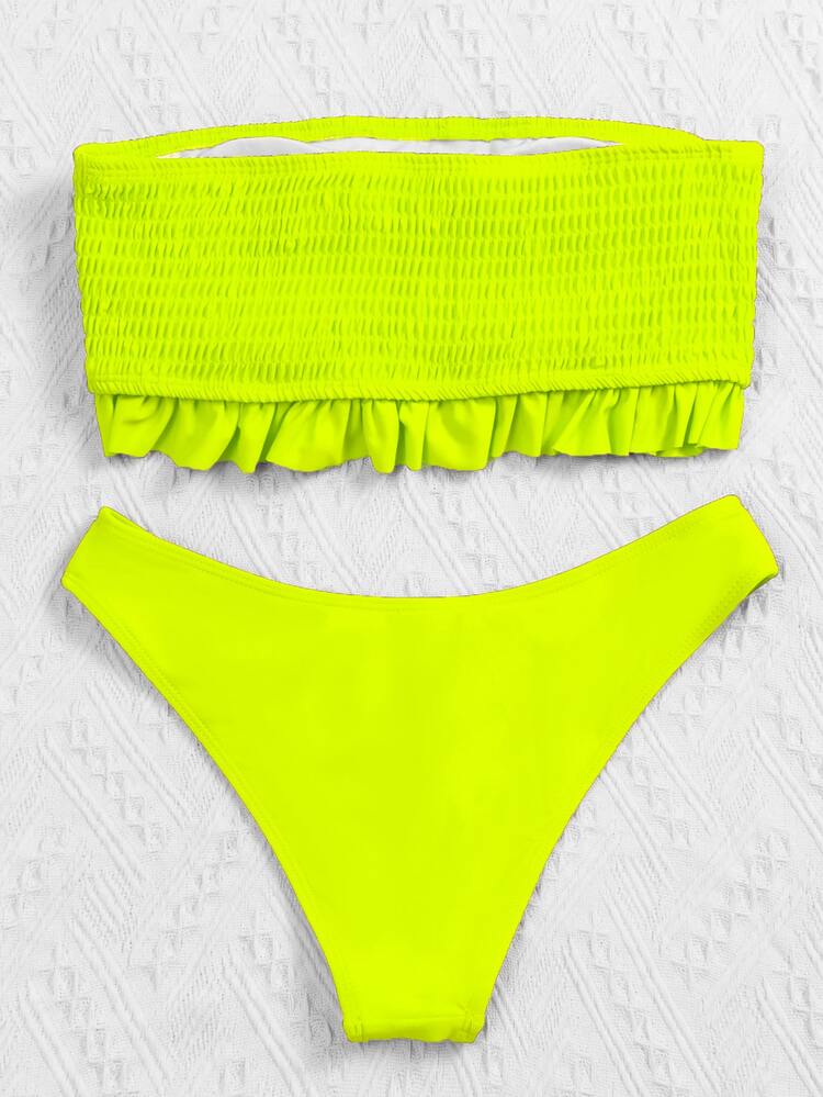 Neon Lime Smocked Frill Bandeau Bikini Set - Lime Green - View 2
