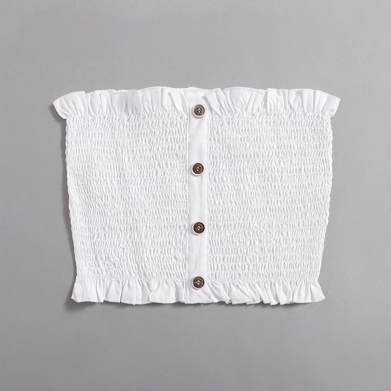 

Frill Trim Shirred Crop Tube Top, White