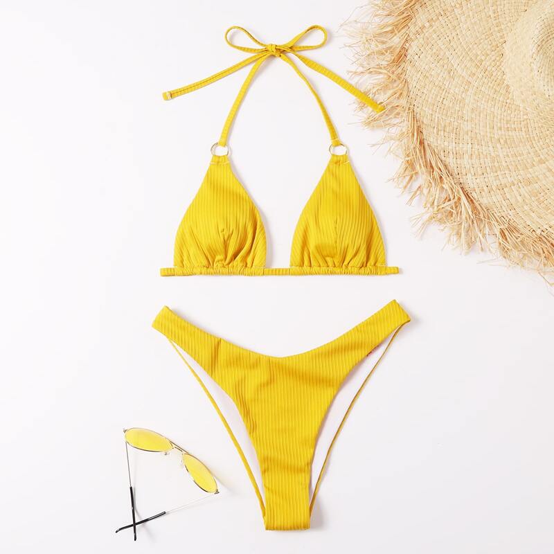 

Ring Decor High Leg Bikini Swimsuit, Yellow