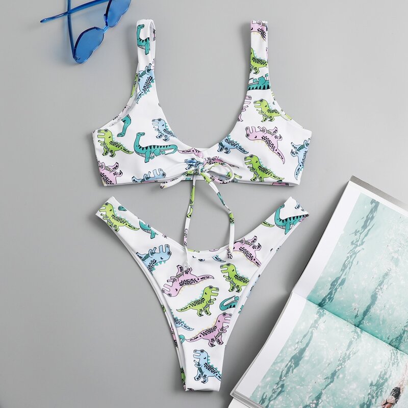 

Dinosaur Print Drawstring Bikini Swimsuit, Multicolor